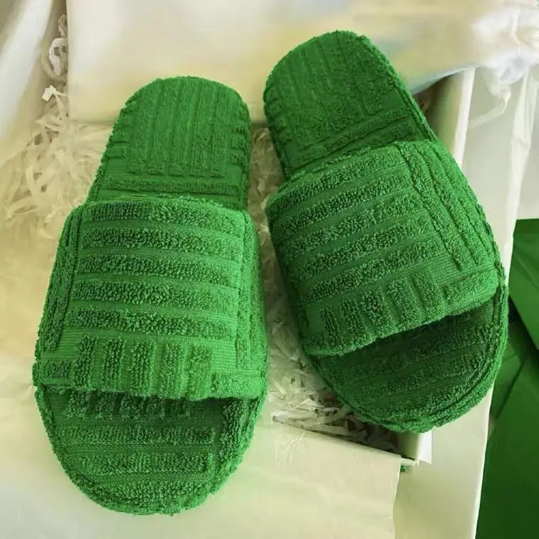women Luxury brands slippers one-word thick-soled warm furry women shoes embossed cotton drag outdoor all-match casual slippers - Shopfly.co.uk