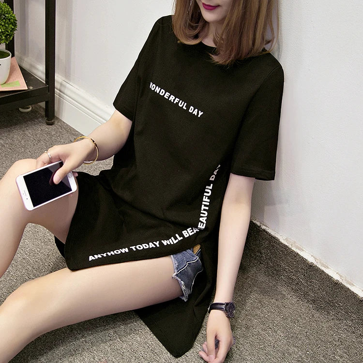 WONDERFUL DAY Print Long T shirts Summer Women Loose Slit Femme Tops Tshirt Short sleeve Ladies t-shirt