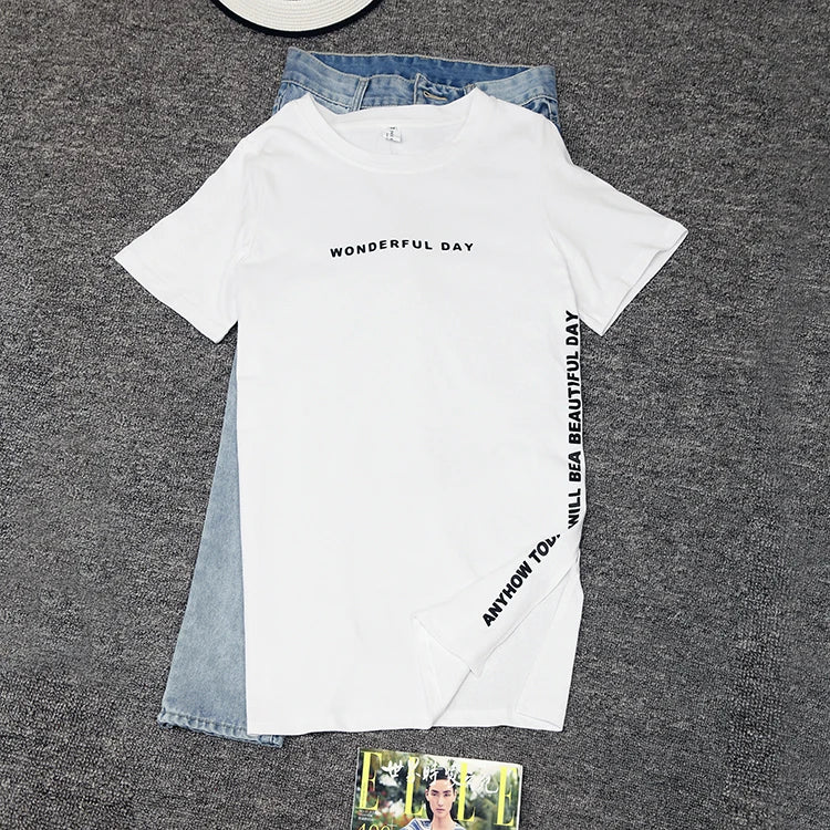WONDERFUL DAY Print Long T shirts Summer Women Loose Slit Femme Tops Tshirt Short sleeve Ladies t-shirt