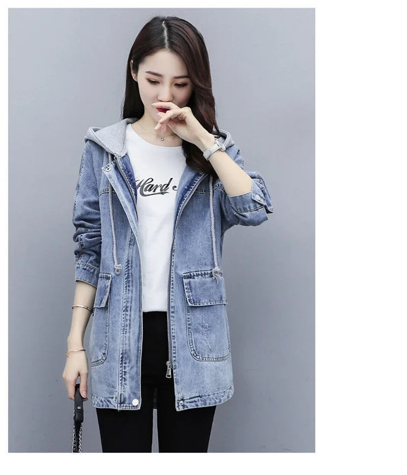 Women's Jean Jacket 2023 Spring And Autumn New Hooded Denim Jacket Female Mid-Length Female Korean Loose