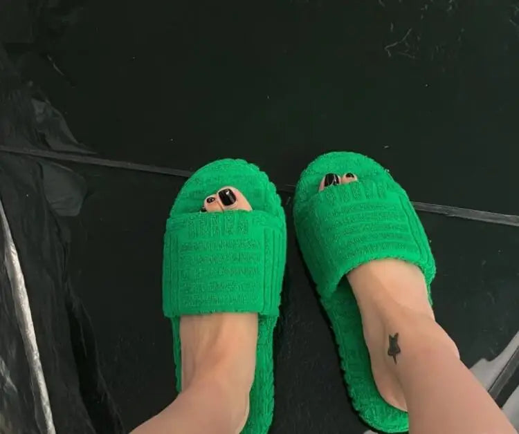 women Luxury brands slippers one-word thick-soled warm furry women shoes embossed cotton drag outdoor all-match casual slippers - Shopfly.co.uk
