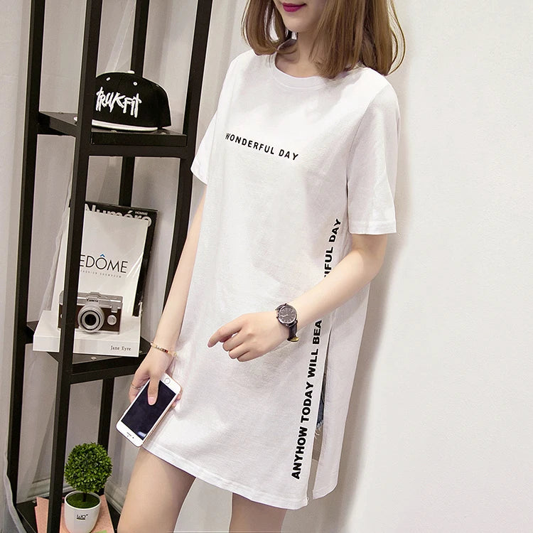 WONDERFUL DAY Print Long T shirts Summer Women Loose Slit Femme Tops Tshirt Short sleeve Ladies t-shirt