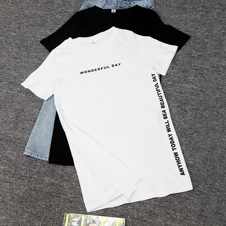 WONDERFUL DAY Print Long T shirts Summer Women Loose Slit Femme Tops Tshirt Short sleeve Ladies t-shirt