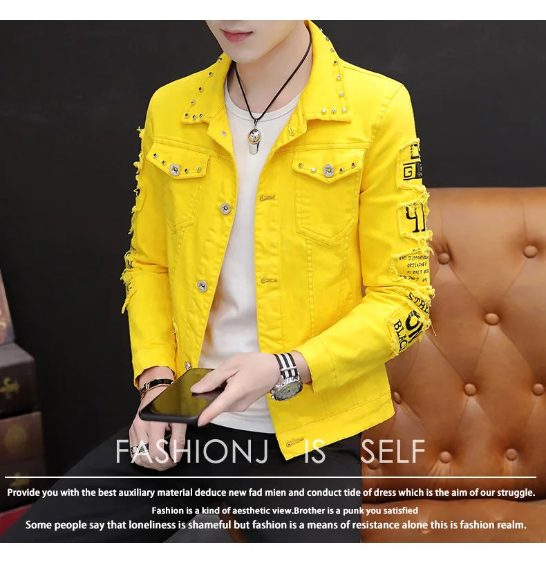 Fashion Men denim jacket Spring And Autumn Personalized design jean coats Male slim Fit Solid color Handsome Versatile