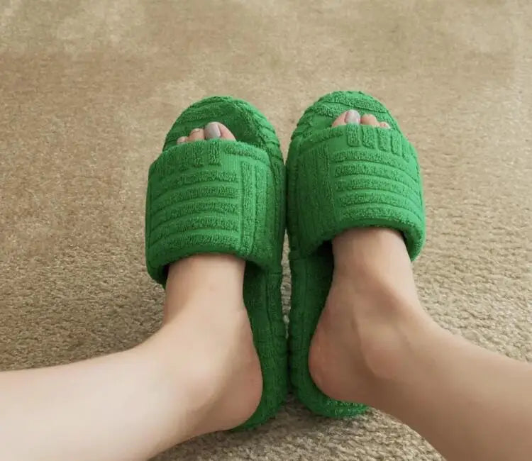 women Luxury brands slippers one-word thick-soled warm furry women shoes embossed cotton drag outdoor all-match casual slippers - Shopfly.co.uk