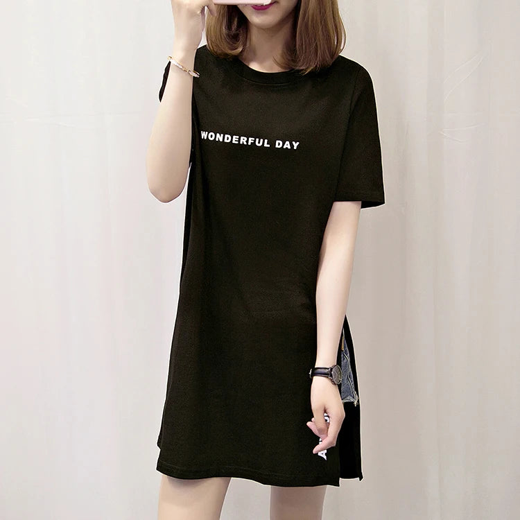 WONDERFUL DAY Print Long T shirts Summer Women Loose Slit Femme Tops Tshirt Short sleeve Ladies t-shirt