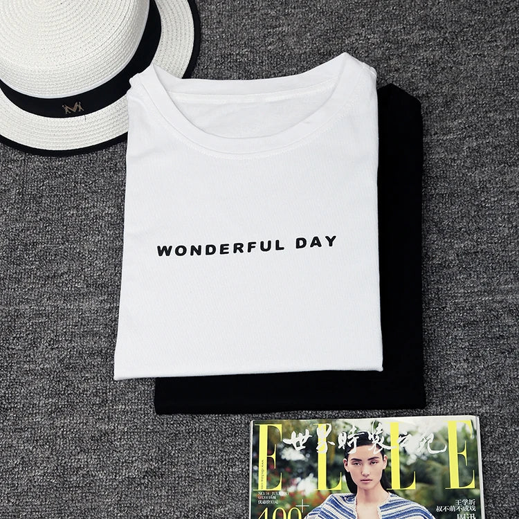 WONDERFUL DAY Print Long T shirts Summer Women Loose Slit Femme Tops Tshirt Short sleeve Ladies t-shirt