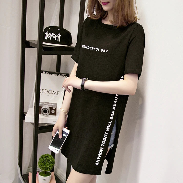 WONDERFUL DAY Print Long T shirts Summer Women Loose Slit Femme Tops Tshirt Short sleeve Ladies t-shirt
