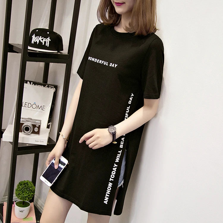WONDERFUL DAY Print Long T shirts Summer Women Loose Slit Femme Tops Tshirt Short sleeve Ladies t-shirt