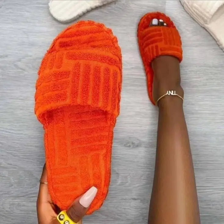 women Luxury brands slippers one-word thick-soled warm furry women shoes embossed cotton drag outdoor all-match casual slippers - Shopfly.co.uk