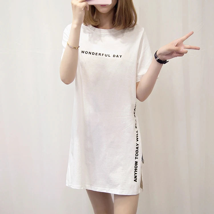WONDERFUL DAY Print Long T shirts Summer Women Loose Slit Femme Tops Tshirt Short sleeve Ladies t-shirt