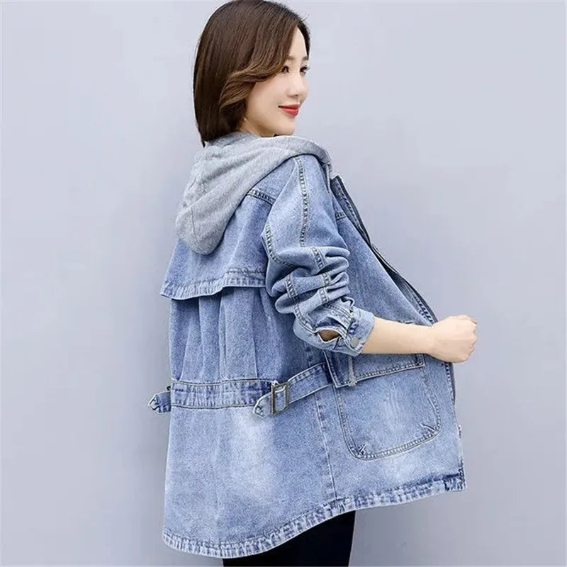 Women's Jean Jacket 2023 Spring And Autumn New Hooded Denim Jacket Female Mid-Length Female Korean Loose