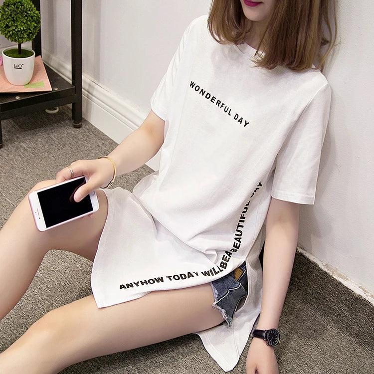 WONDERFUL DAY Print Long T shirts Summer Women Loose Slit Femme Tops Tshirt Short sleeve Ladies t-shirt