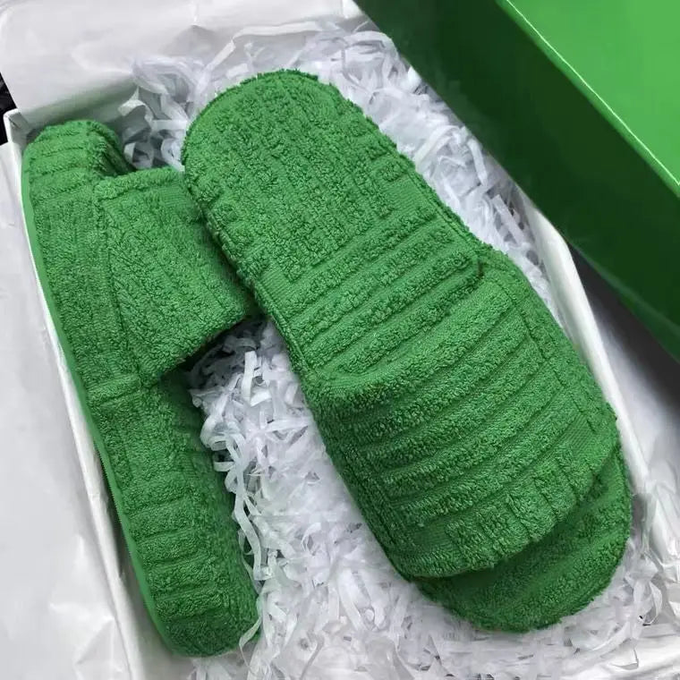 women Luxury brands slippers one-word thick-soled warm furry women shoes embossed cotton drag outdoor all-match casual slippers - Shopfly.co.uk