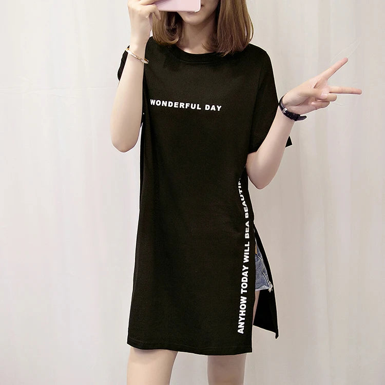 WONDERFUL DAY Print Long T shirts Summer Women Loose Slit Femme Tops Tshirt Short sleeve Ladies t-shirt