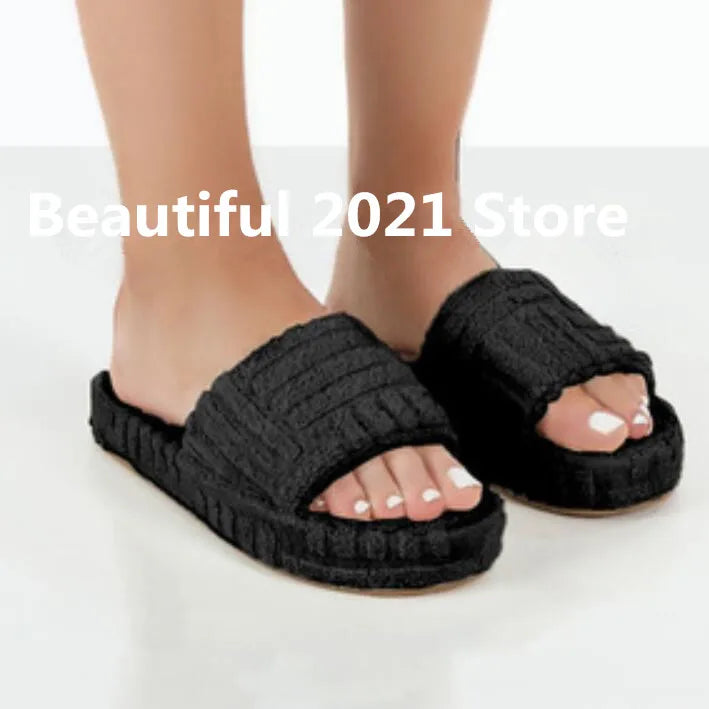 women Luxury brands slippers one-word thick-soled warm furry women shoes embossed cotton drag outdoor all-match casual slippers - Shopfly.co.uk