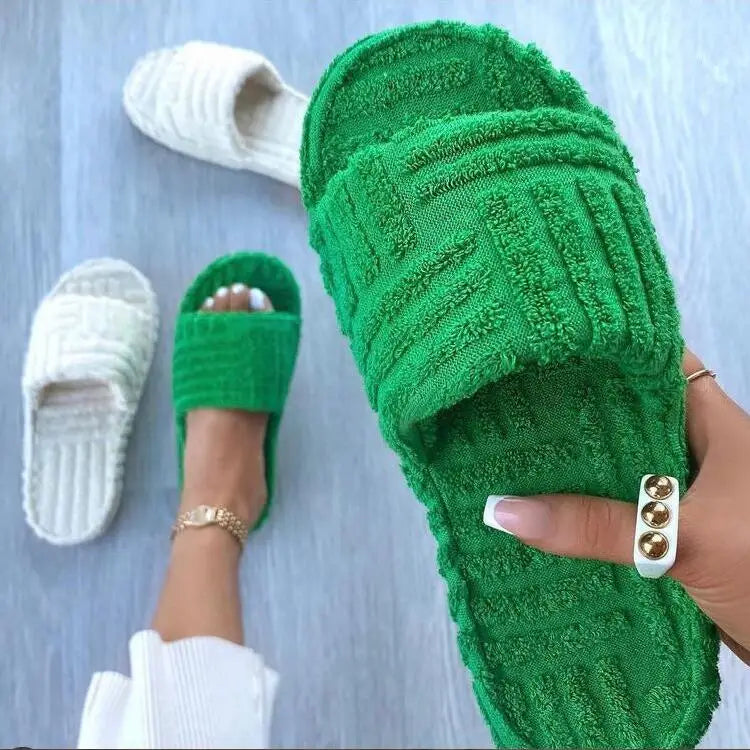 women Luxury brands slippers one-word thick-soled warm furry women shoes embossed cotton drag outdoor all-match casual slippers - Shopfly.co.uk