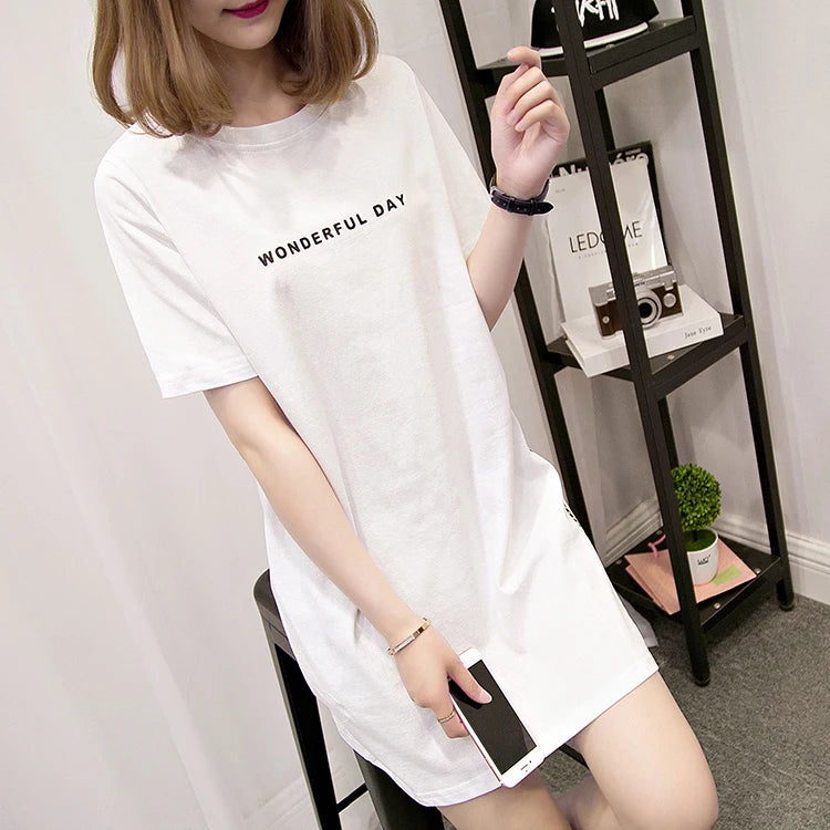 WONDERFUL DAY Print Long T shirts Summer Women Loose Slit Femme Tops Tshirt Short sleeve Ladies t-shirt