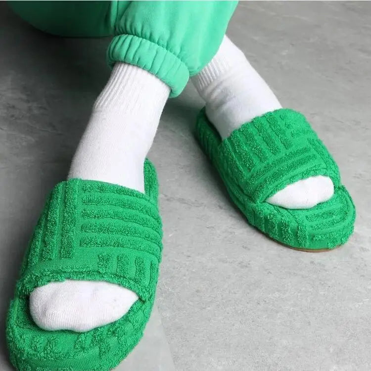women Luxury brands slippers one-word thick-soled warm furry women shoes embossed cotton drag outdoor all-match casual slippers - Shopfly.co.uk