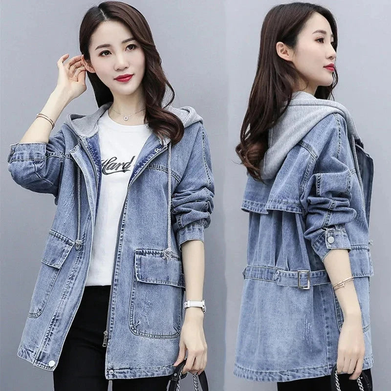 Women's Jean Jacket 2023 Spring And Autumn New Hooded Denim Jacket Female Mid-Length Female Korean Loose
