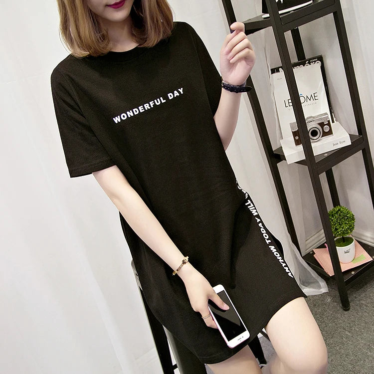 WONDERFUL DAY Print Long T shirts Summer Women Loose Slit Femme Tops Tshirt Short sleeve Ladies t-shirt