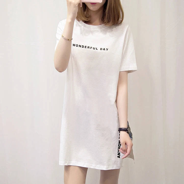 WONDERFUL DAY Print Long T shirts Summer Women Loose Slit Femme Tops Tshirt Short sleeve Ladies t-shirt