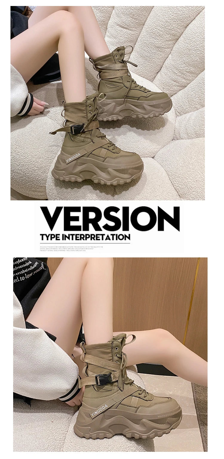Women Ankle Boots Autumn Leather Chunky Shoes Woman High Platform Breathable Sneakers 8CM Thick Sole Wedges Motorcycles Boots - Shopfly.co.uk