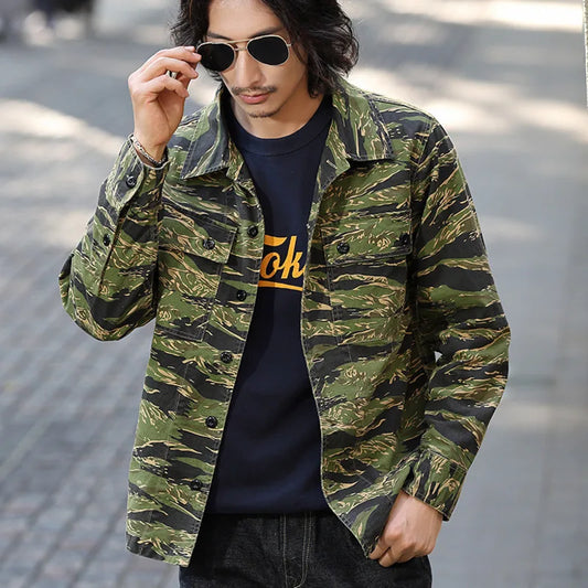 2025 Spring Men's Tiger Stripe Camo Camouflage Cargo Shirt Fashion Work Engineer Long Sleeved Shirt Jacket With Double Pockets - Shopfly.co.uk