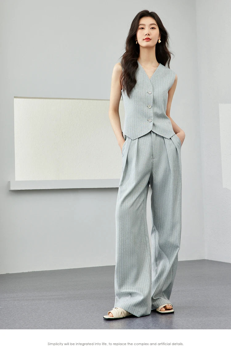VIMLY Two Piece Office Outfit Woman 2025 Summer Pant Sets Linen Blend Women's Suits V Neck Waistcoat + Wide Leg Long Pants M7357 - Shopfly.co.uk