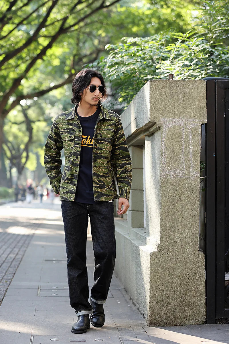 2025 Spring Men's Tiger Stripe Camo Camouflage Cargo Shirt Fashion Work Engineer Long Sleeved Shirt Jacket With Double Pockets - Shopfly.co.uk