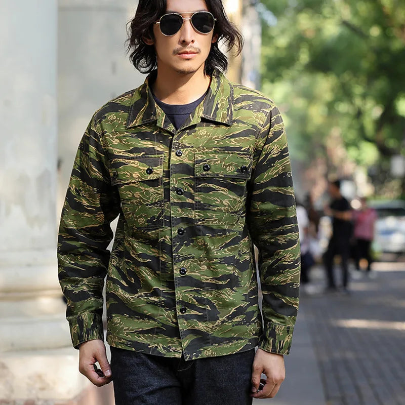 2025 Spring Men's Tiger Stripe Camo Camouflage Cargo Shirt Fashion Work Engineer Long Sleeved Shirt Jacket With Double Pockets - Shopfly.co.uk