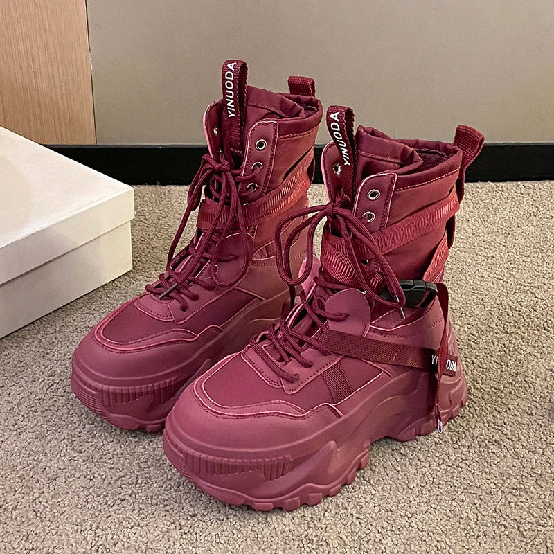 Women Ankle Boots Autumn Leather Chunky Shoes Woman High Platform Breathable Sneakers 8CM Thick Sole Wedges Motorcycles Boots - Shopfly.co.uk