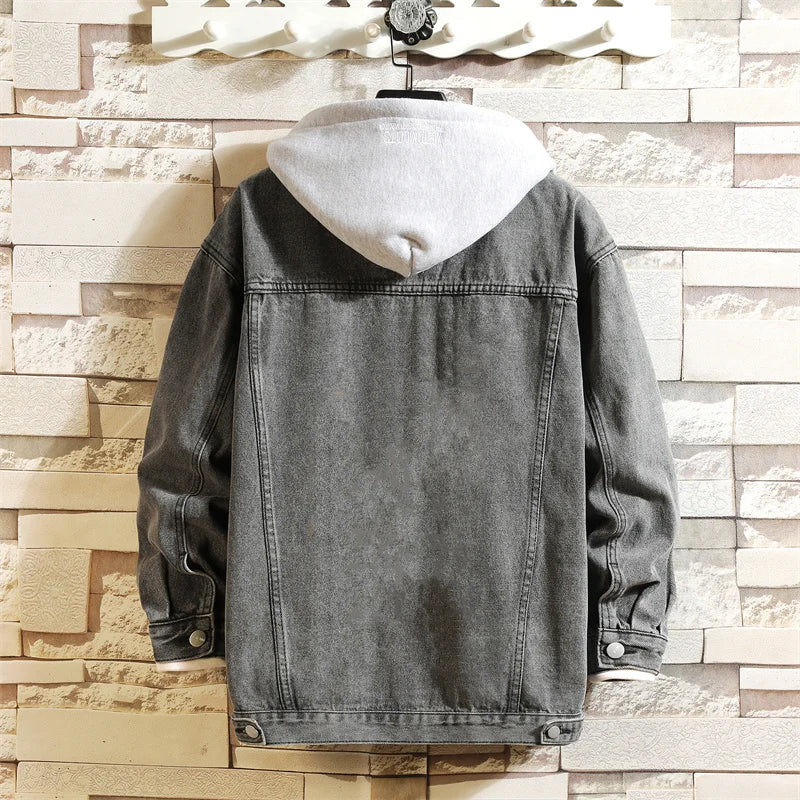 2024 New Men's Denim Jacket Cotton Loose Hooded jean Outwear Coat Solid Denim jacket Men Casual Couple Streetwear Plus Size 5XL