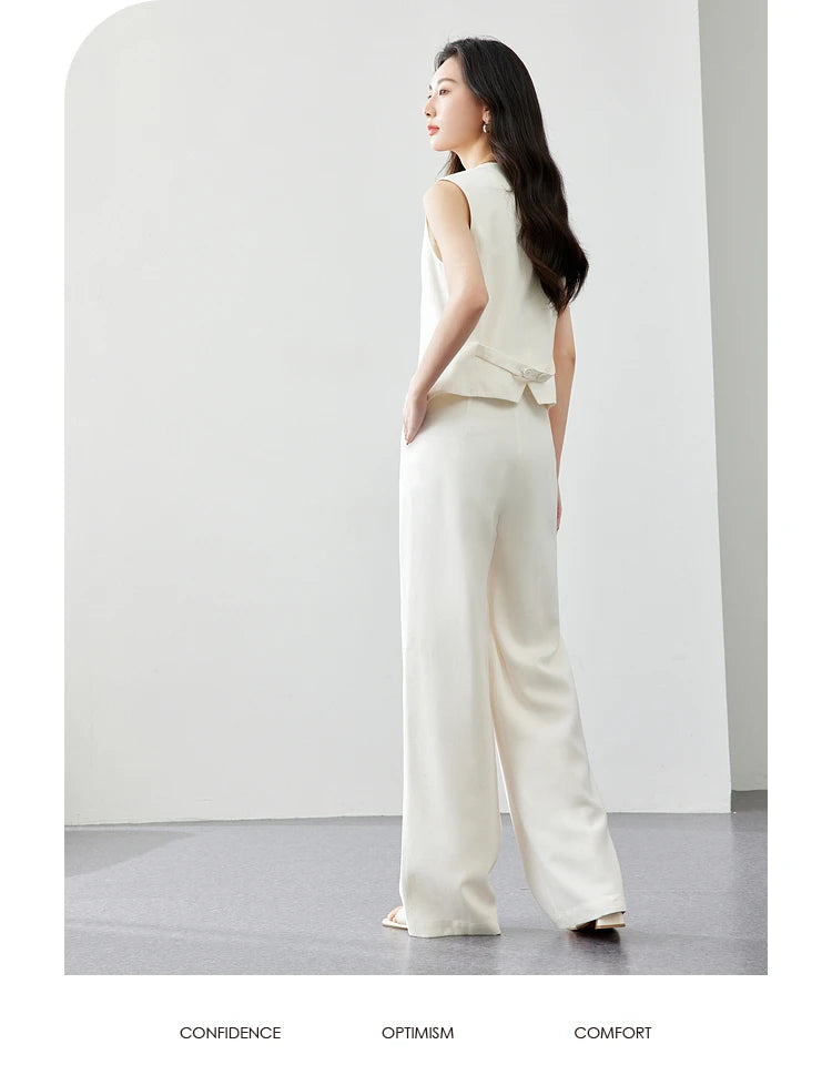 VIMLY Two Piece Office Outfit Woman 2025 Summer Pant Sets Linen Blend Women's Suits V Neck Waistcoat + Wide Leg Long Pants M7357 - Shopfly.co.uk