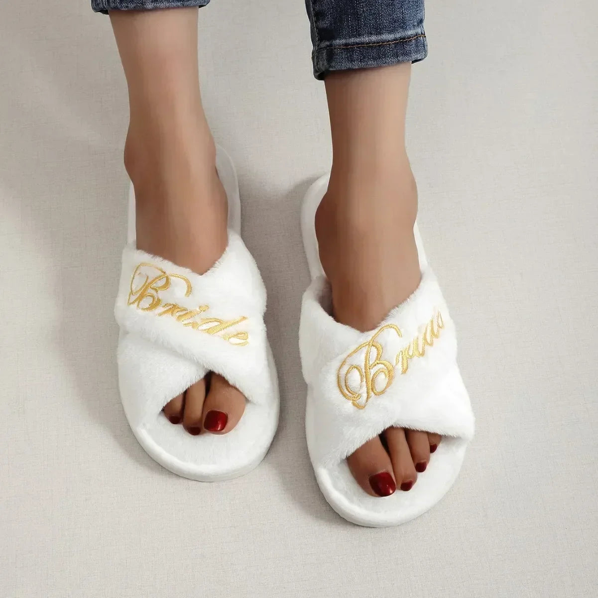 Bride Embroidered Plush Slippers Wedding Supplies Women Honeymoon Shoes Creative Bridesmaid Romantic Gifts Wedding Photo Props - Shopfly.co.uk