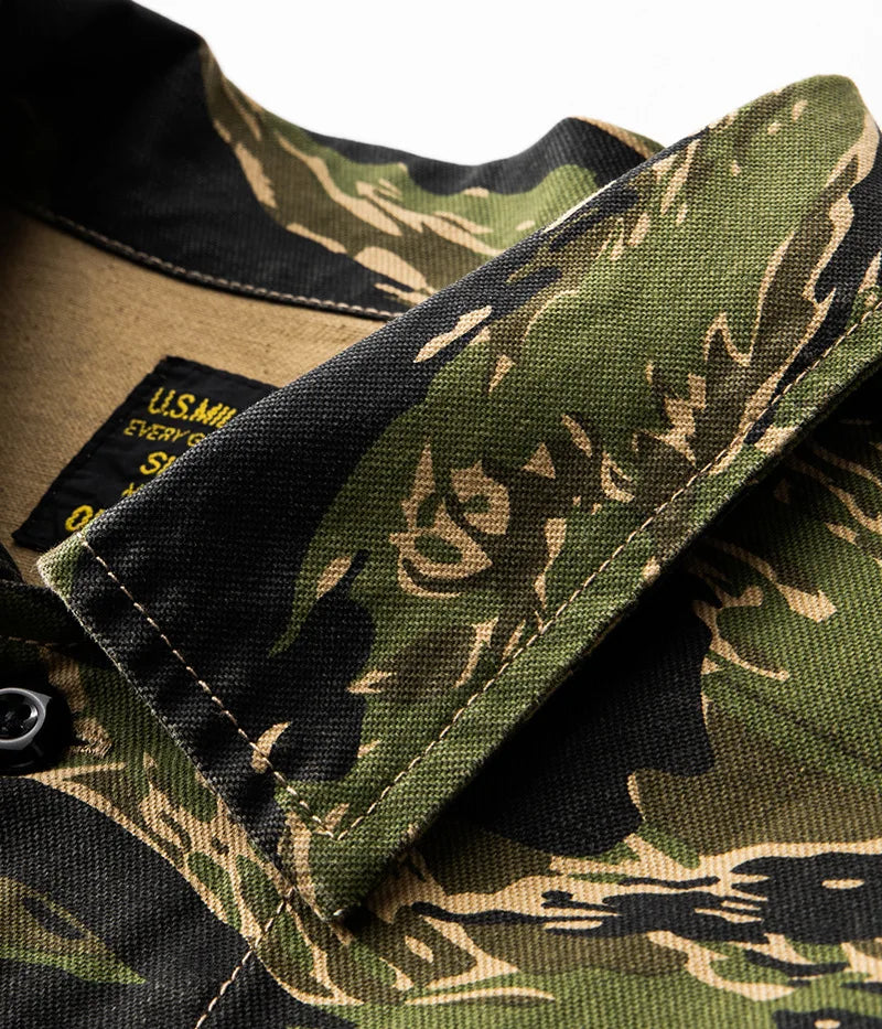 2025 Spring Men's Tiger Stripe Camo Camouflage Cargo Shirt Fashion Work Engineer Long Sleeved Shirt Jacket With Double Pockets - Shopfly.co.uk