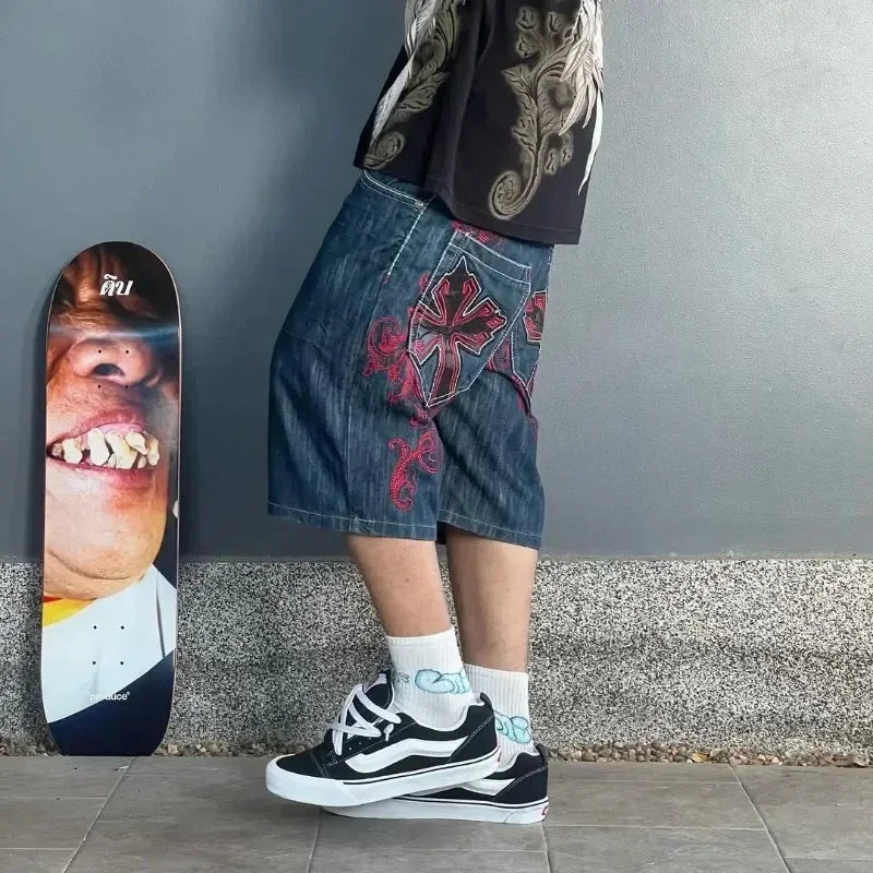 Vintage Graphic Printing Baggy Denim Shorts New Gothic Cross Y2K Fashion Harajuku Casual High Waist Wide Leg Shorts Streetwear - Shopfly.co.uk