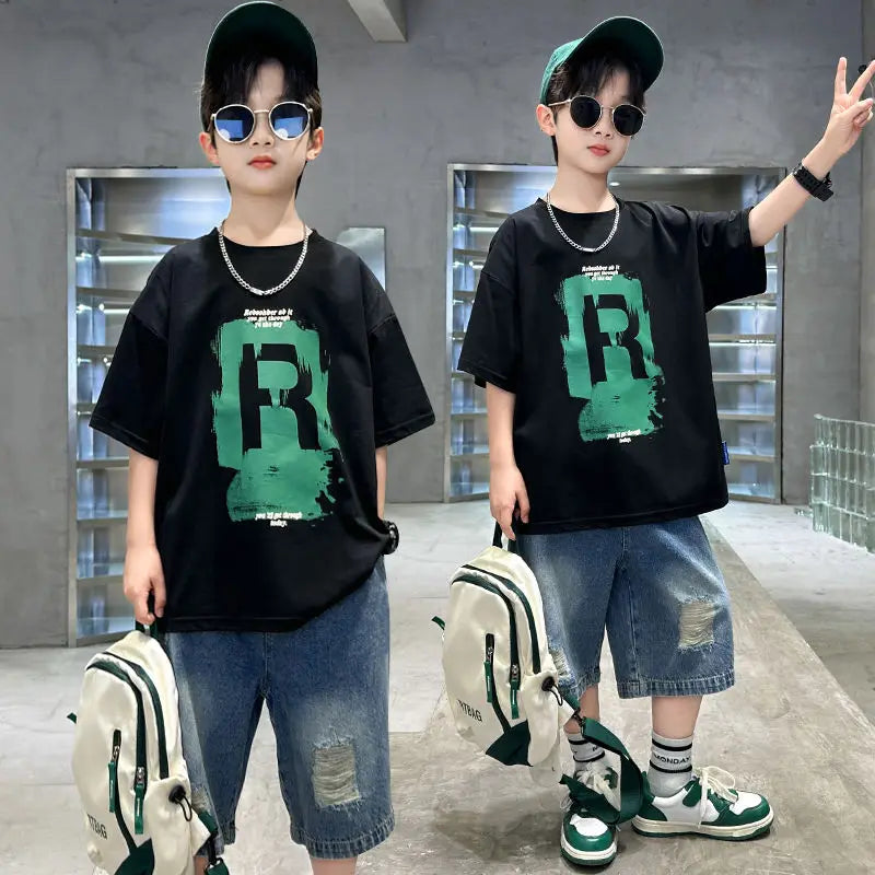 New Boys Fashion Summer 2pcs Cotton T-shirts+Denim Shorts Sporty Suits Teenage Kids Korean Style Outfits Sets Children Clothes - Shopfly.co.uk