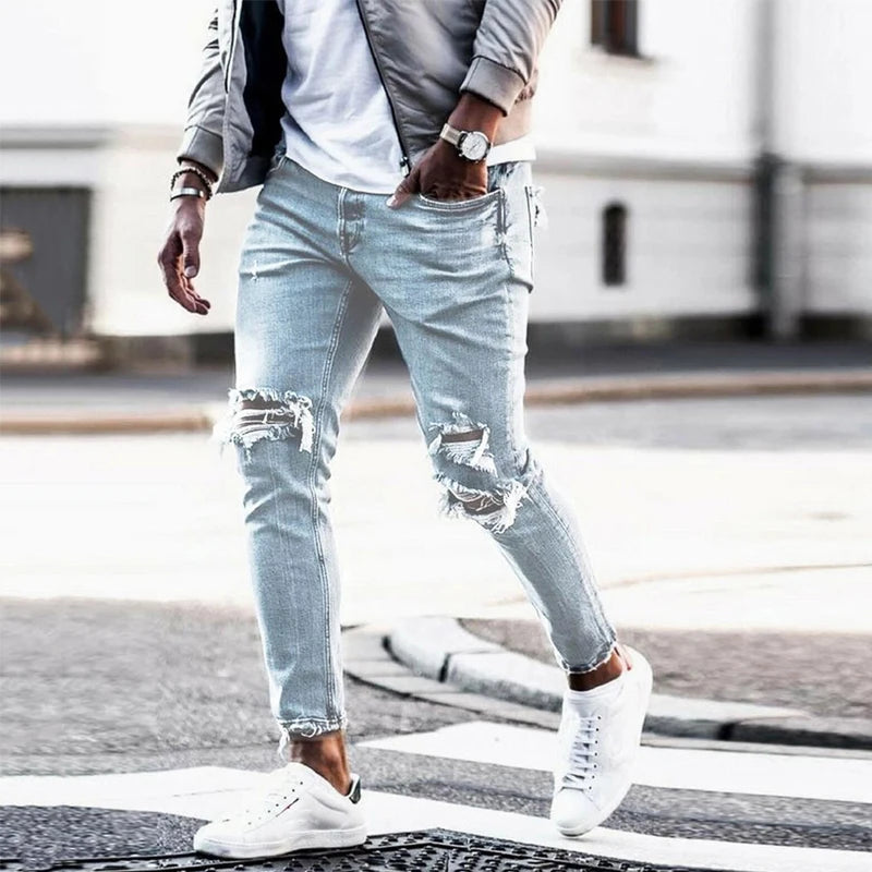 Ripped Jeans For Men Spring And Summer New Korean Style Trendy Loose Thin Rough Edge Beggars Casual nine-point Pants For Men