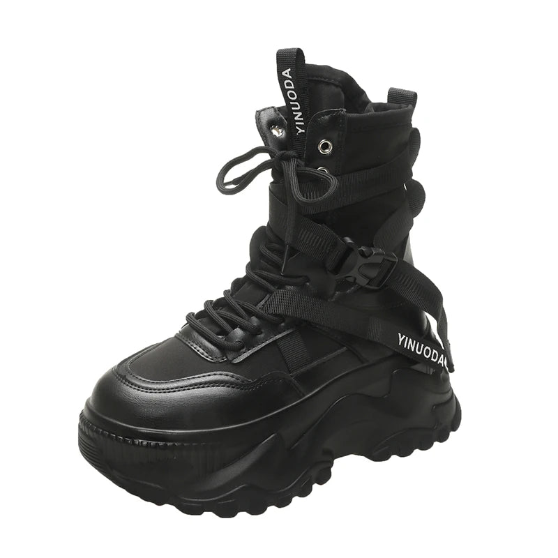 Women Ankle Boots Autumn Leather Chunky Shoes Woman High Platform Breathable Sneakers 8CM Thick Sole Wedges Motorcycles Boots - Shopfly.co.uk