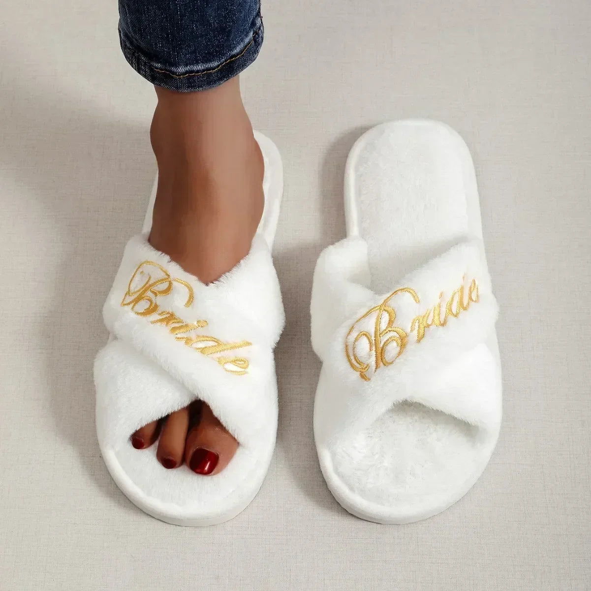 Bride Embroidered Plush Slippers Wedding Supplies Women Honeymoon Shoes Creative Bridesmaid Romantic Gifts Wedding Photo Props - Shopfly.co.uk