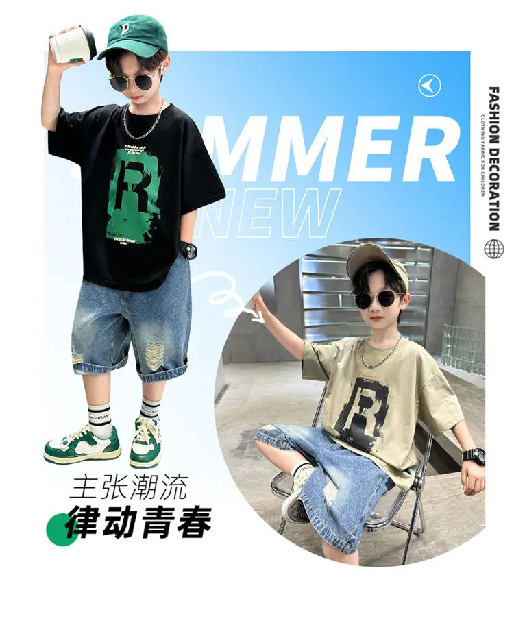 New Boys Fashion Summer 2pcs Cotton T-shirts+Denim Shorts Sporty Suits Teenage Kids Korean Style Outfits Sets Children Clothes - Shopfly.co.uk