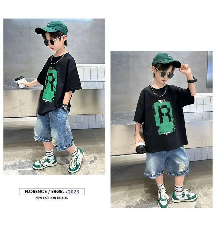 New Boys Fashion Summer 2pcs Cotton T-shirts+Denim Shorts Sporty Suits Teenage Kids Korean Style Outfits Sets Children Clothes - Shopfly.co.uk