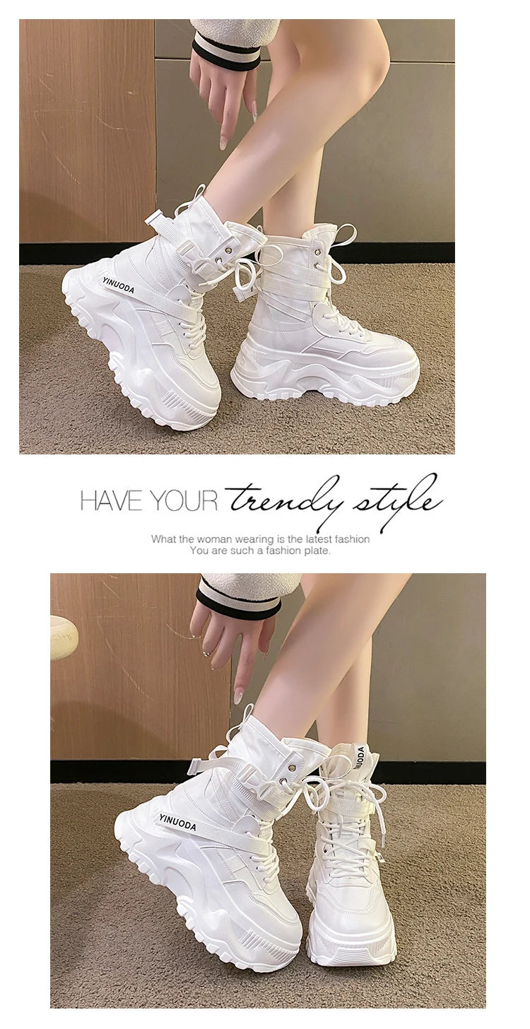 Women Ankle Boots Autumn Leather Chunky Shoes Woman High Platform Breathable Sneakers 8CM Thick Sole Wedges Motorcycles Boots - Shopfly.co.uk