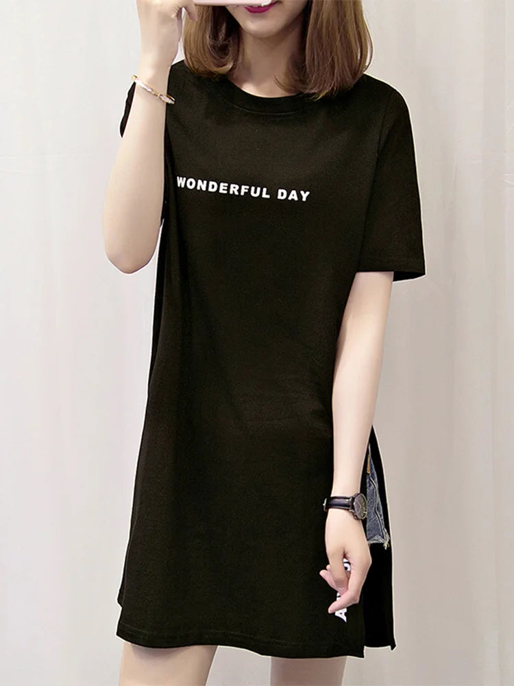 WONDERFUL DAY Print Long T shirts Summer Women Loose Slit Femme Tops Tshirt Short sleeve Ladies t-shirt