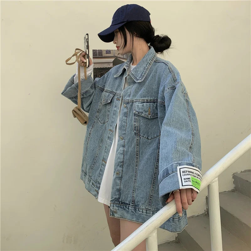 High Street Fashion Oversized Denim Jacket Women Korean Loose Long Sleeve Button Down Jean Jackets Female 2024 New
