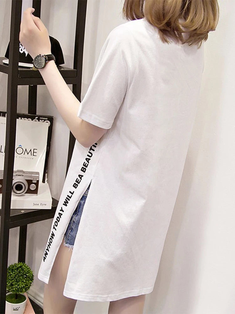 WONDERFUL DAY Print Long T shirts Summer Women Loose Slit Femme Tops Tshirt Short sleeve Ladies t-shirt