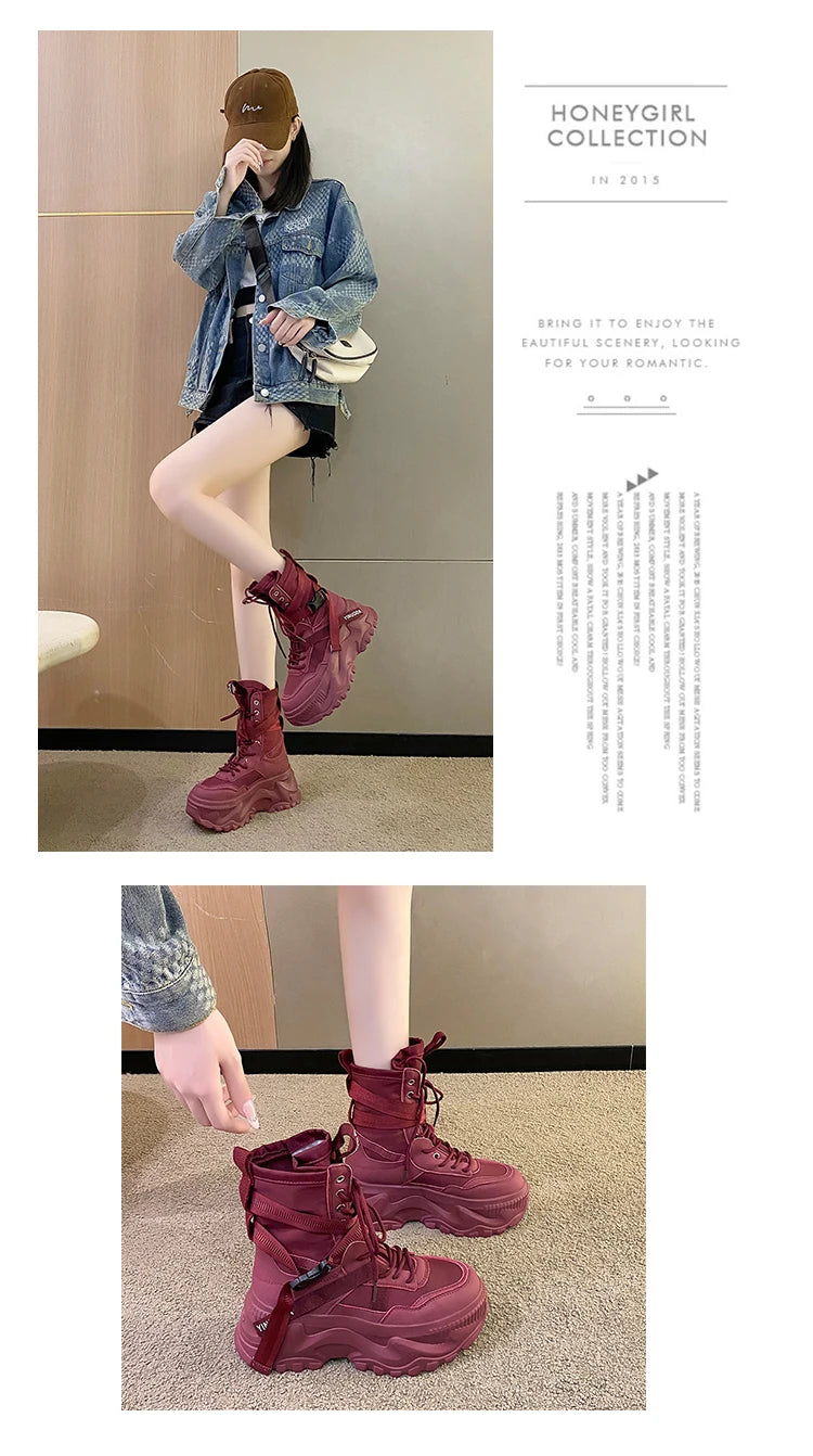 Women Ankle Boots Autumn Leather Chunky Shoes Woman High Platform Breathable Sneakers 8CM Thick Sole Wedges Motorcycles Boots - Shopfly.co.uk