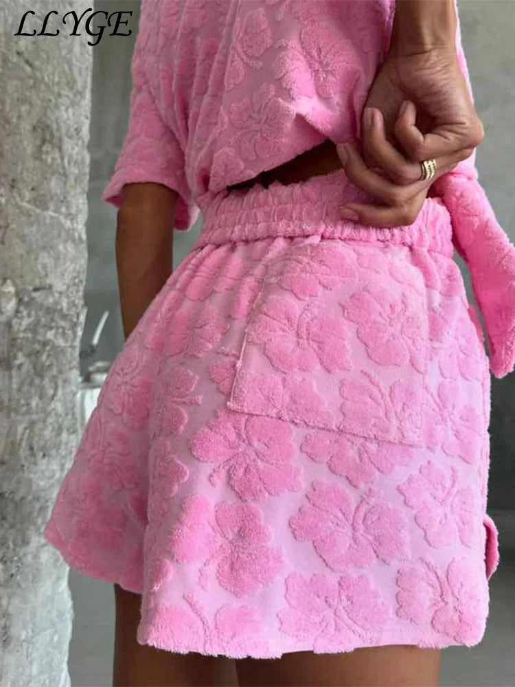 Casual 3d Flower Shirt Shorts Sets Women Pink Lapel Buttons Blouse Elastic Wide Leg Short Pants 2025 Summer Lady Vacation Outfit - Shopfly.co.uk