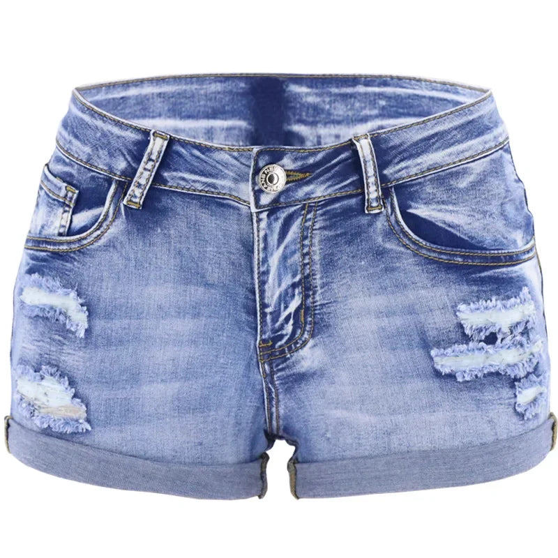 Women's Split Denim Shorts Summer Beach Wild Fashion Sexy Mid Waist Curled Cuff Perforated Elastic Slim Fit Casual Shorts - Shopfly.co.uk